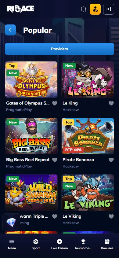 Rioace Casino games area on a mobile phone