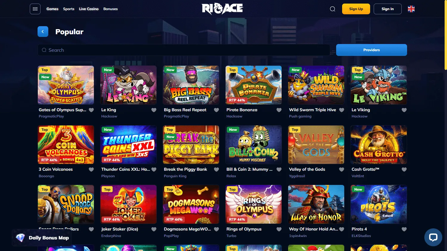 Rioace Casino games area on desktop
