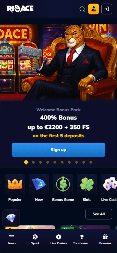 Rioace Casino home screen on a mobile phone