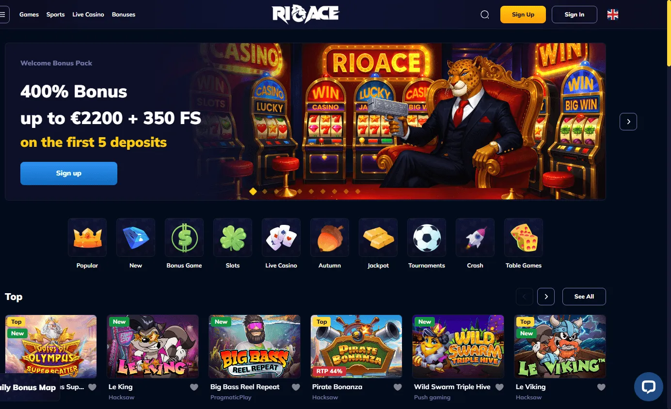 Rioace Casino home screen on desktop