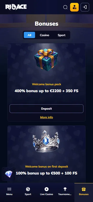 Rioace Casino promotions area on a mobile phone