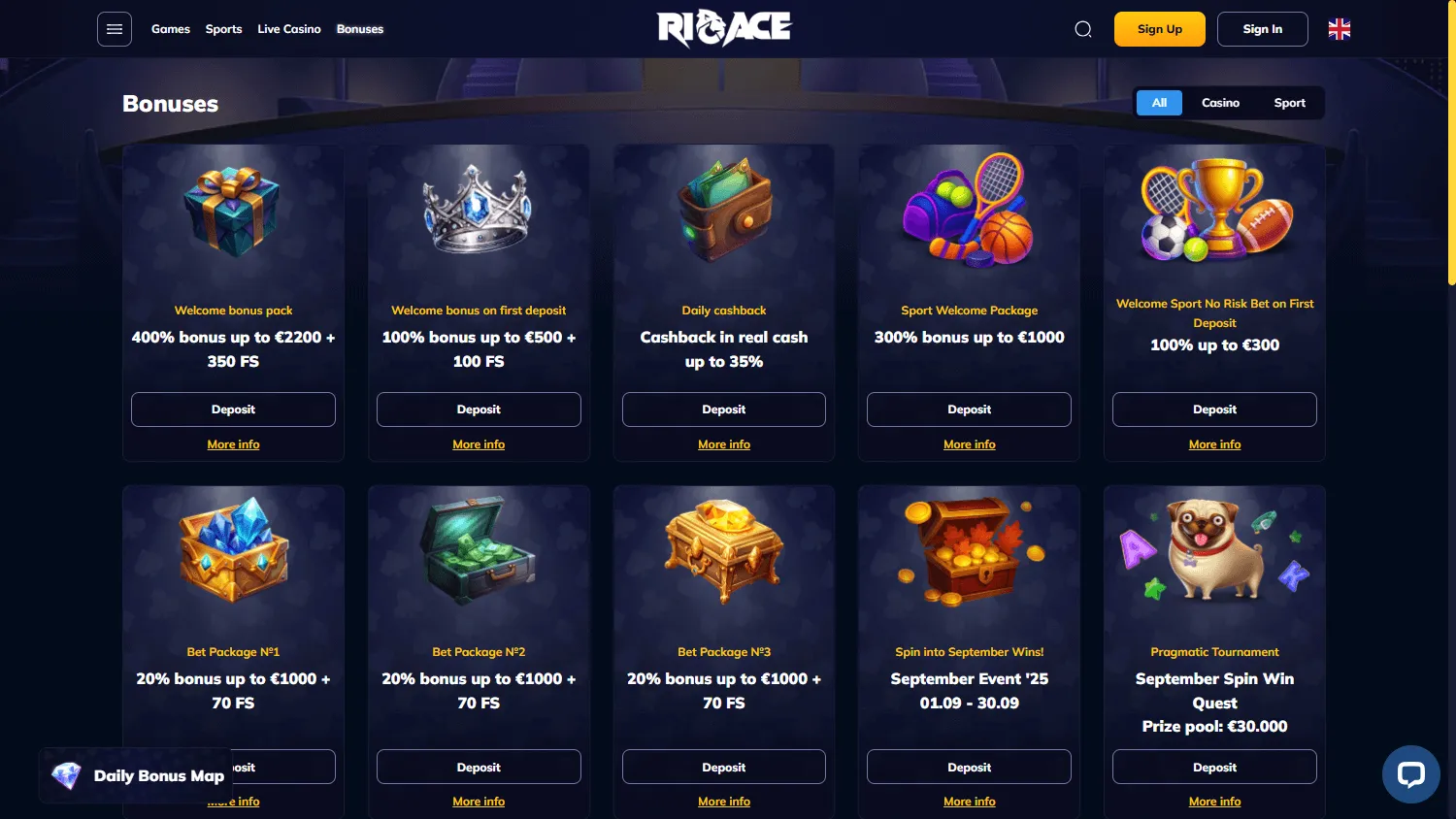 Rioace Casino promotions area on desktop